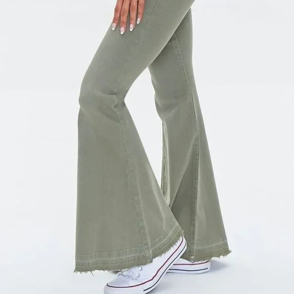 Forever 21 Women's Olive Green Flare Button Fly Mid Rise Stretch Jeans - Picture 3 of 6